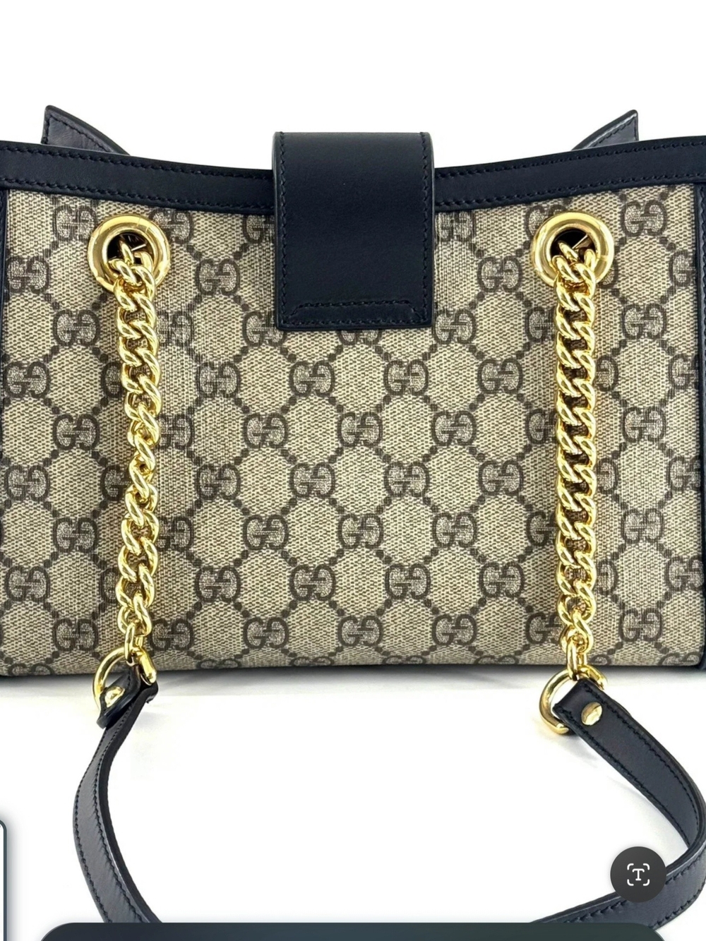 Gucci Beige GG Supreme Canvas Shoulder Bag with Black Trim and Gold Chain Straps